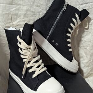 Rick Owens Black Canvas High-Top Sneakers with White Soles